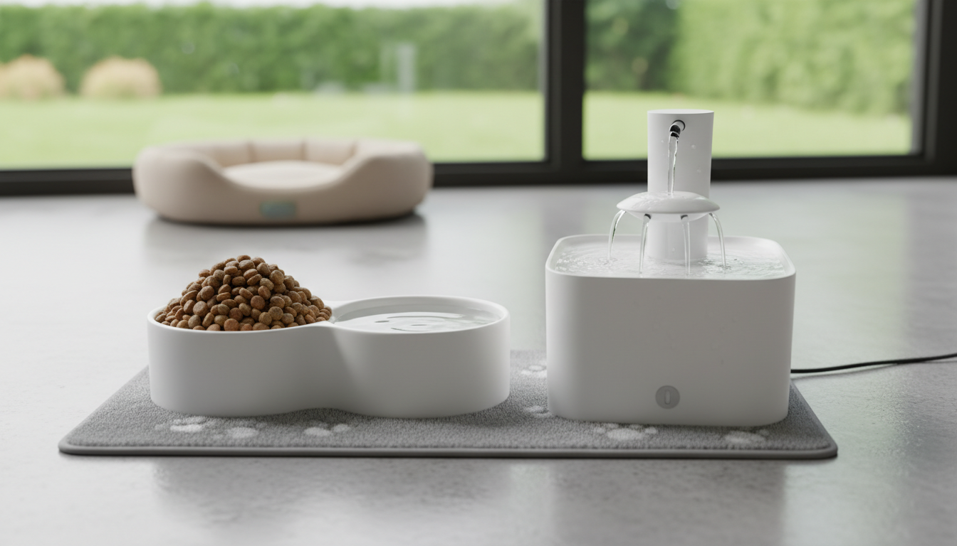 一碗擺放均衡貓糧和新鮮水的貓食區，旁邊有寵物飲水機