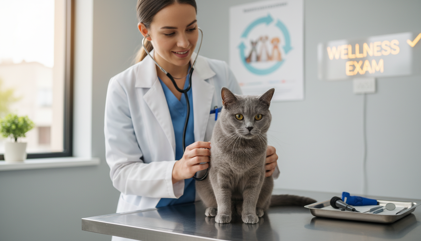 獸醫正在為沙特爾貓進行健康檢查，強調定期體檢的重要性