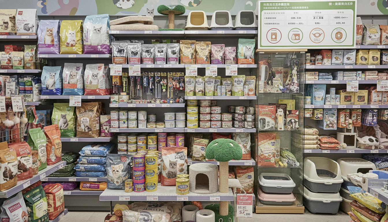 香港寵物店內展示的各種貓咪用品和飼料，反映了飼養成本
