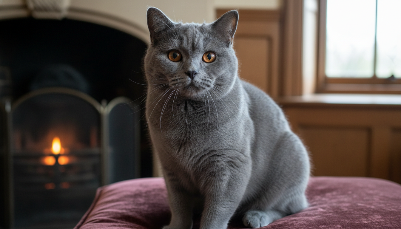 英國短毛貓的典型外觀特徵展示，包括圓臉、短而密的毛髮和粗壯的身體