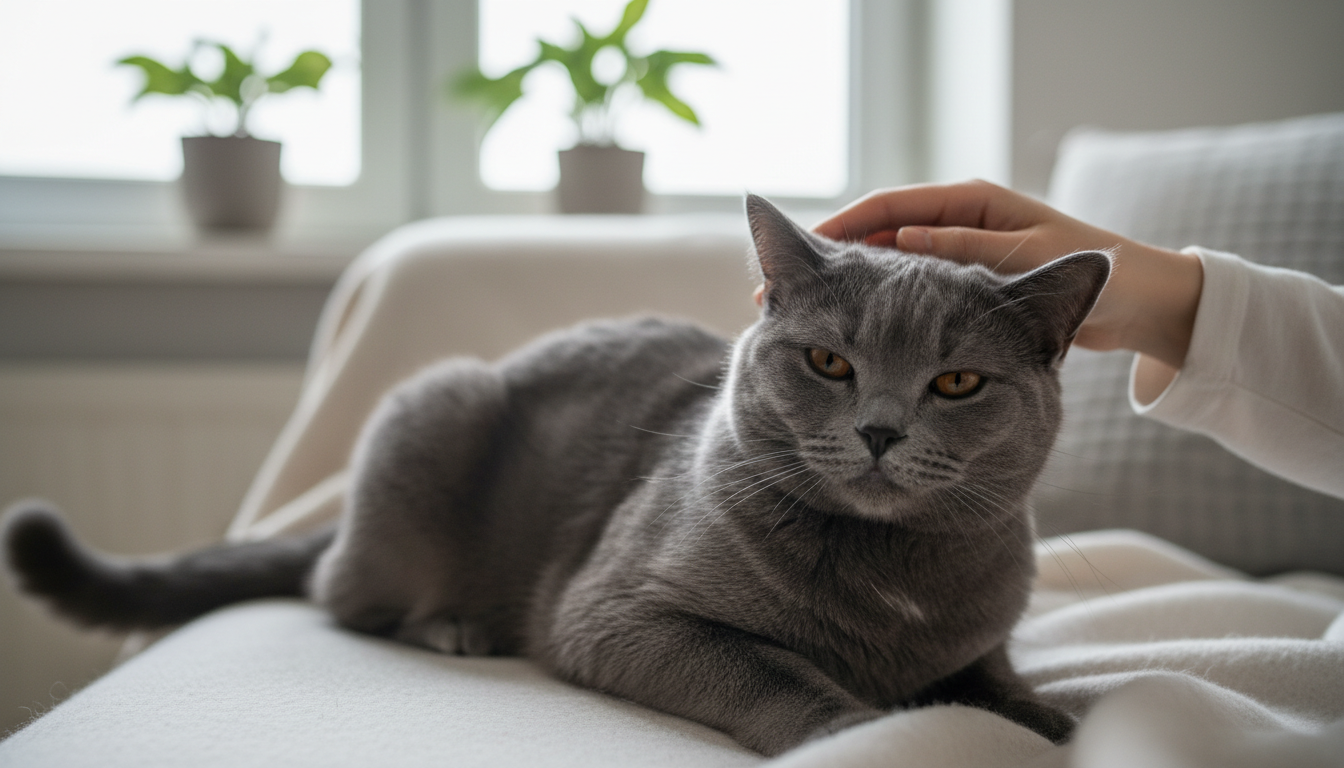 一隻英國短毛貓溫順地與人類互動，展現其友善性格