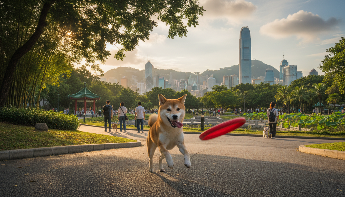 一隻快樂的柴犬在香港的公園裡玩耍