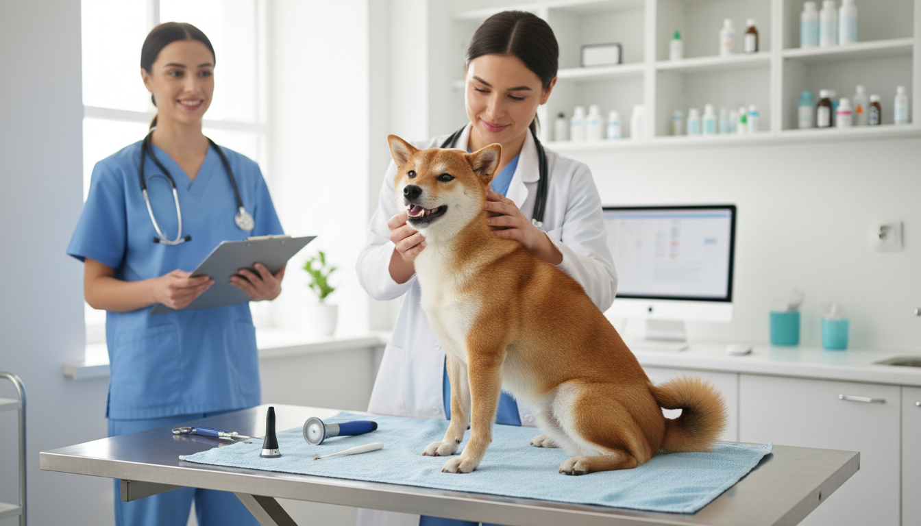 獸醫正在為柴犬進行健康檢查