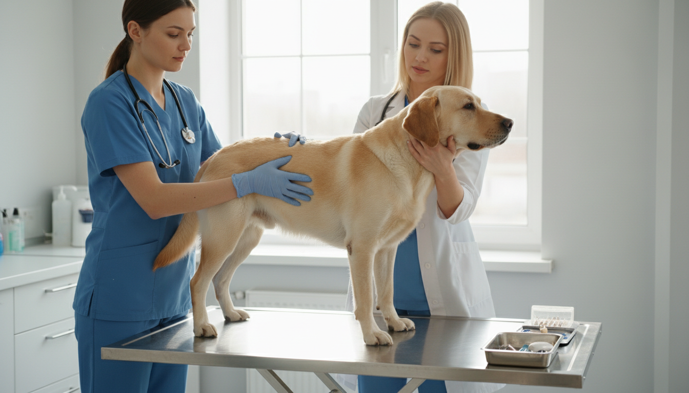 獸醫正在為拉布拉多尋回犬進行健康檢查