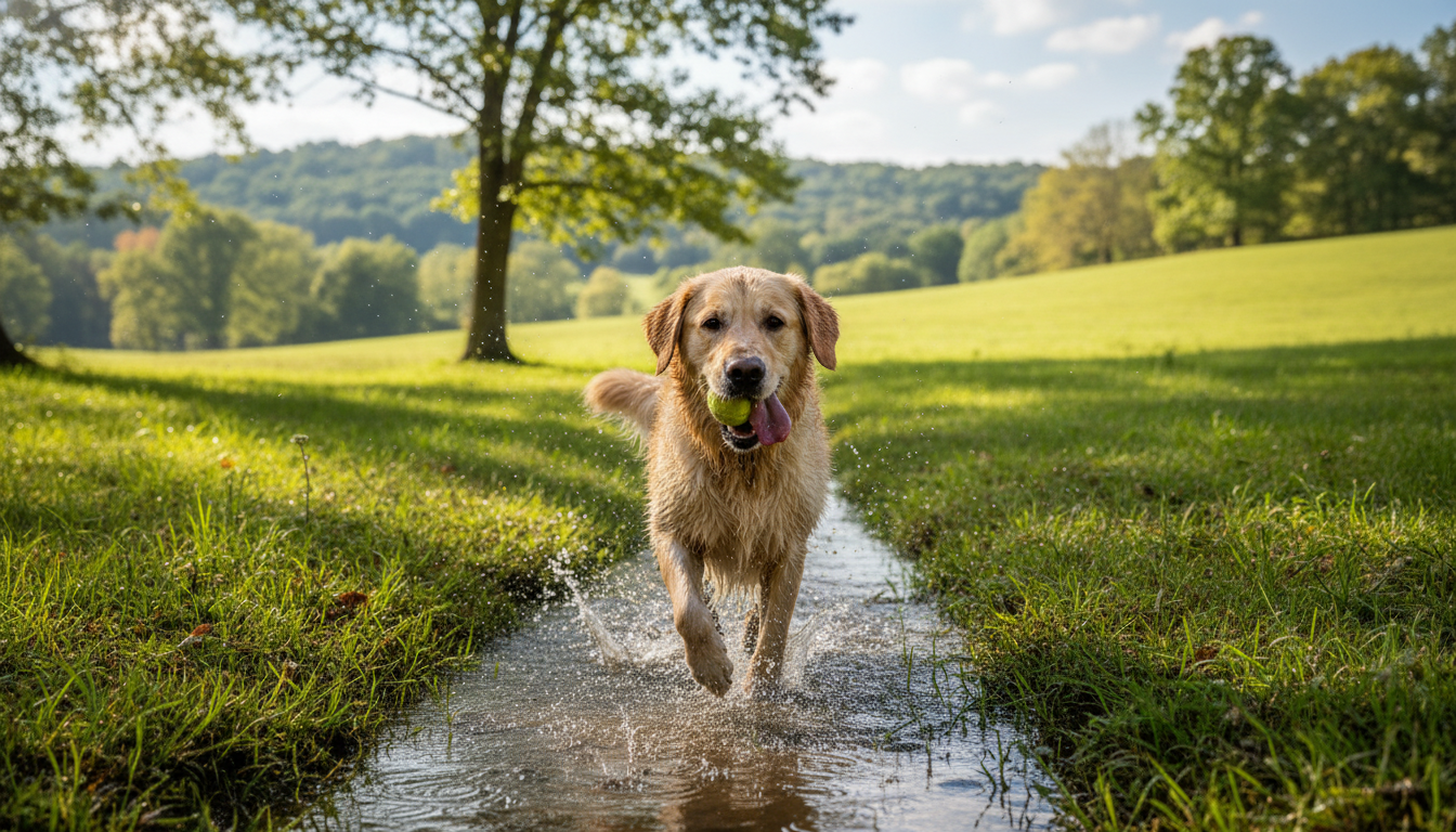 拉布拉多尋回犬在戶外快樂玩耍的場景