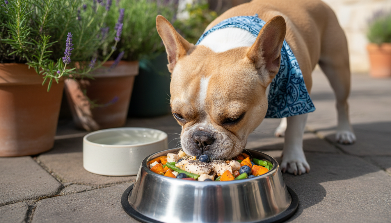 法國鬥牛犬享用健康美食的場景