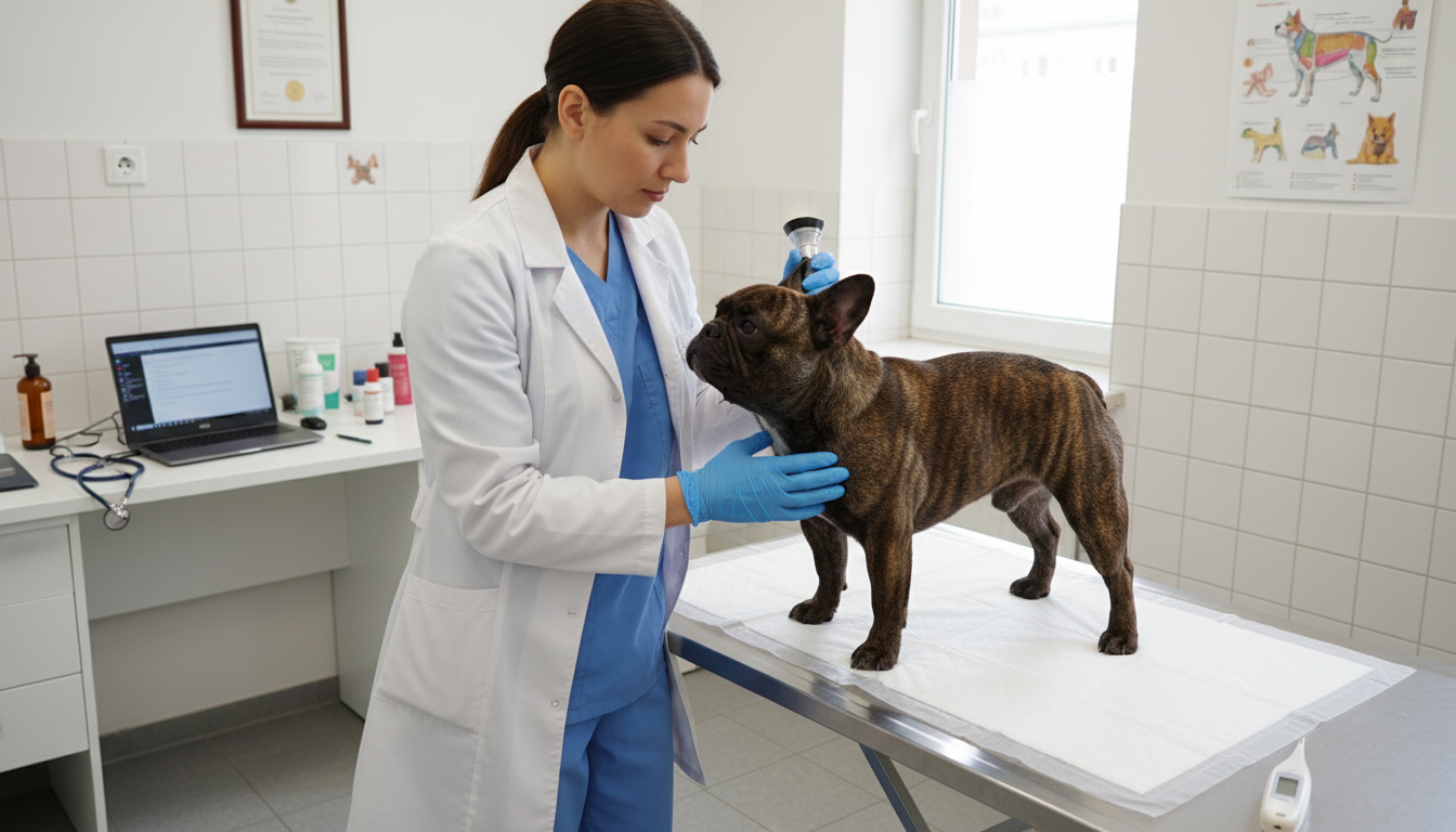 獸醫為法國鬥牛犬進行健康檢查的畫面