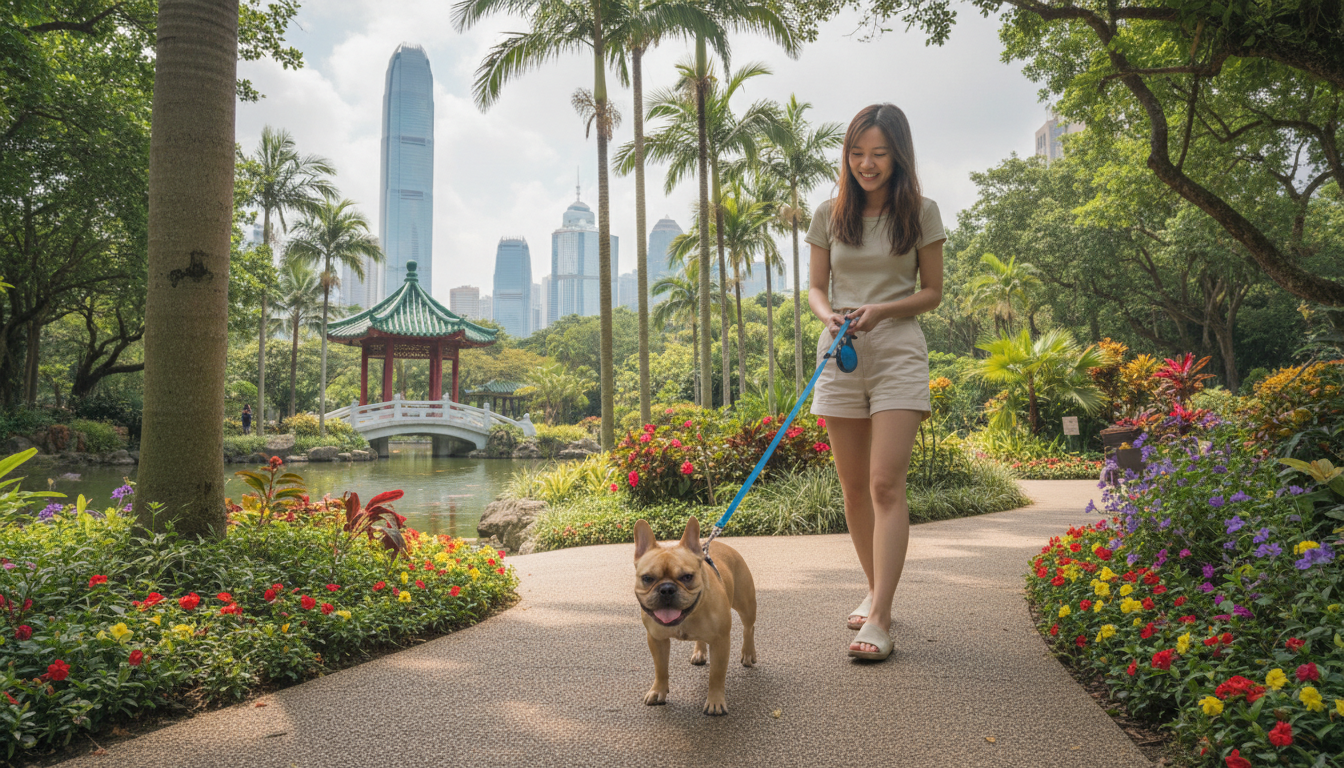 一隻健康快樂的法國鬥牛犬與主人在香港公園散步