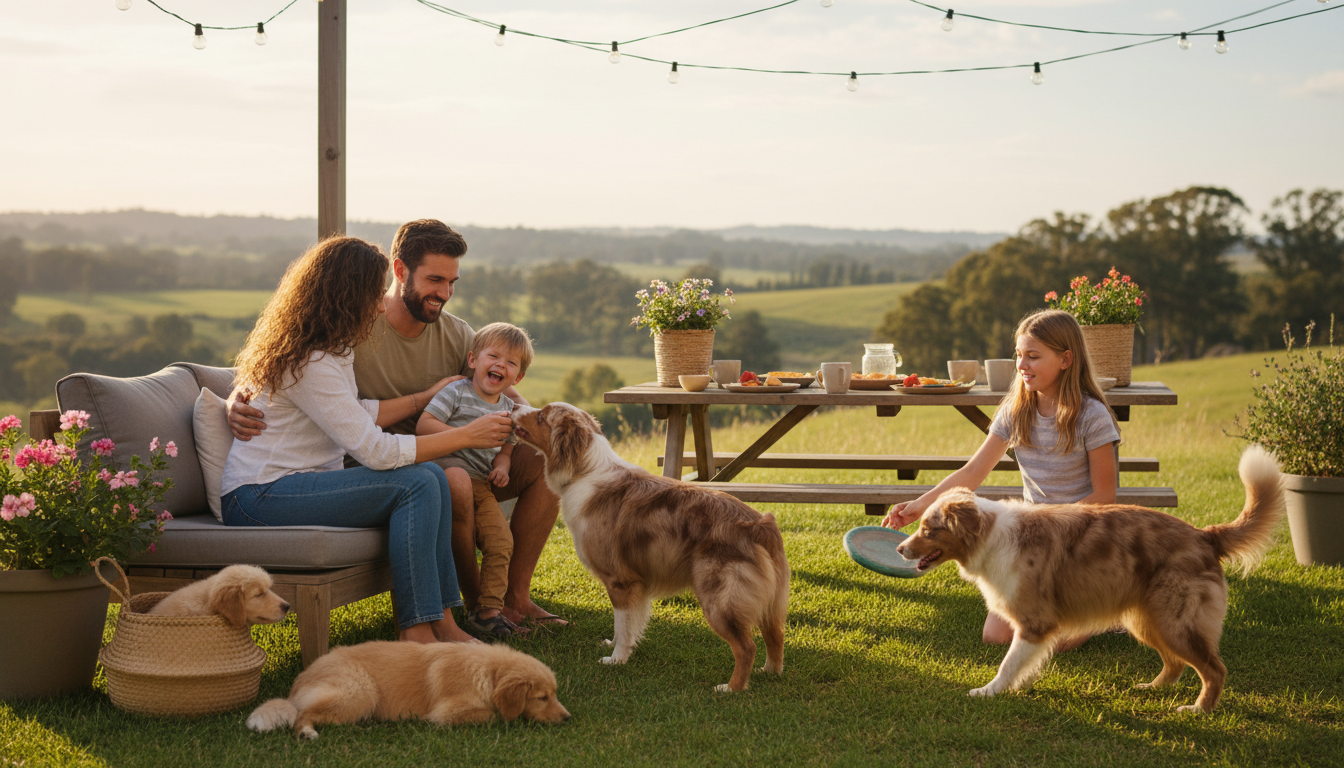 澳洲牧羊犬與家庭成員溫馨互動的場景