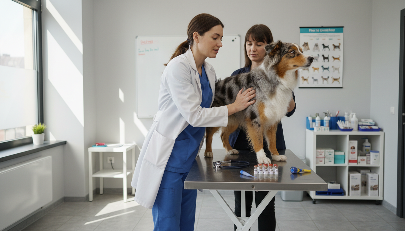獸醫為澳洲牧羊犬進行健康檢查