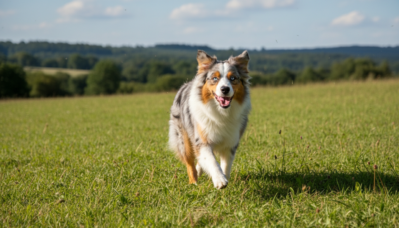 一隻快樂健康的澳洲牧羊犬在戶外草地上奔跑