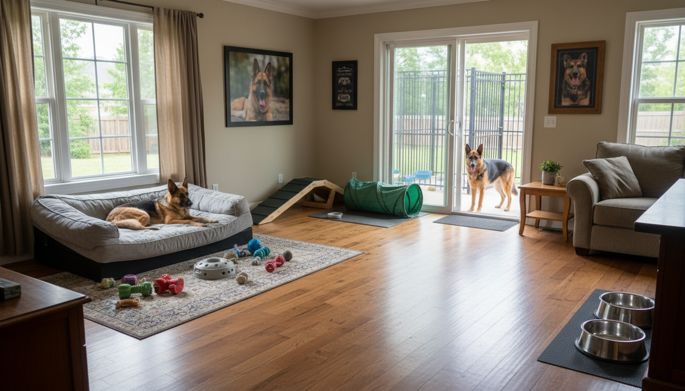 適合德國牧羊犬的理想家居環境設置，包括舒適的犬床和充足的室內活動空間