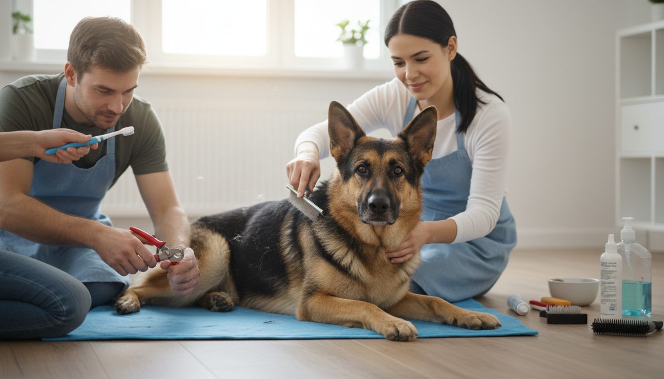 為德國牧羊犬進行日常護理的正確方法，包括梳毛、剪指甲和牙齒清潔