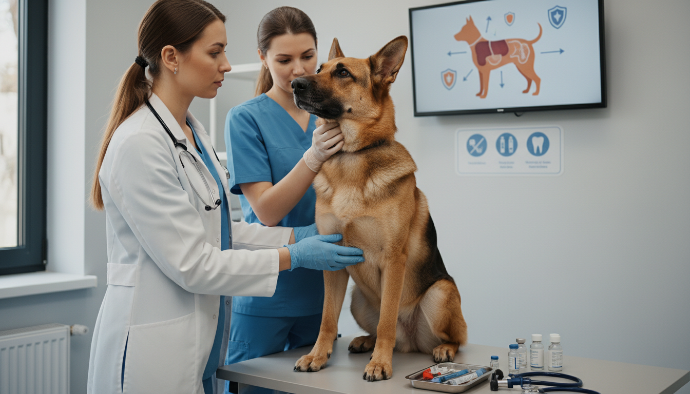 獸醫正在為德國牧羊犬進行例行健康檢查，強調疾病預防的重要性