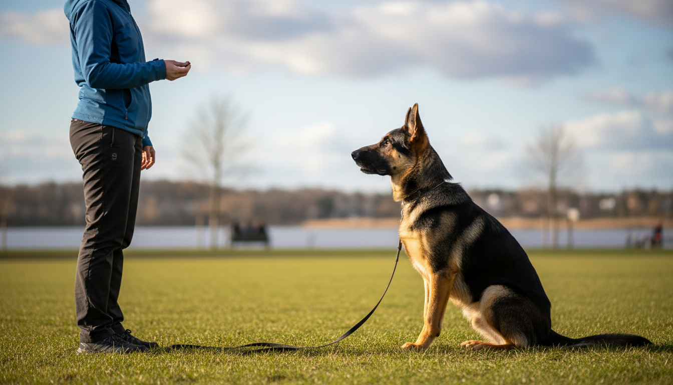 德國牧羊犬在進行服從訓練，展示其專注和學習能力