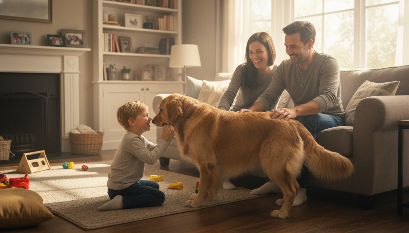 金毛尋回犬與家人溫馨互動的場景