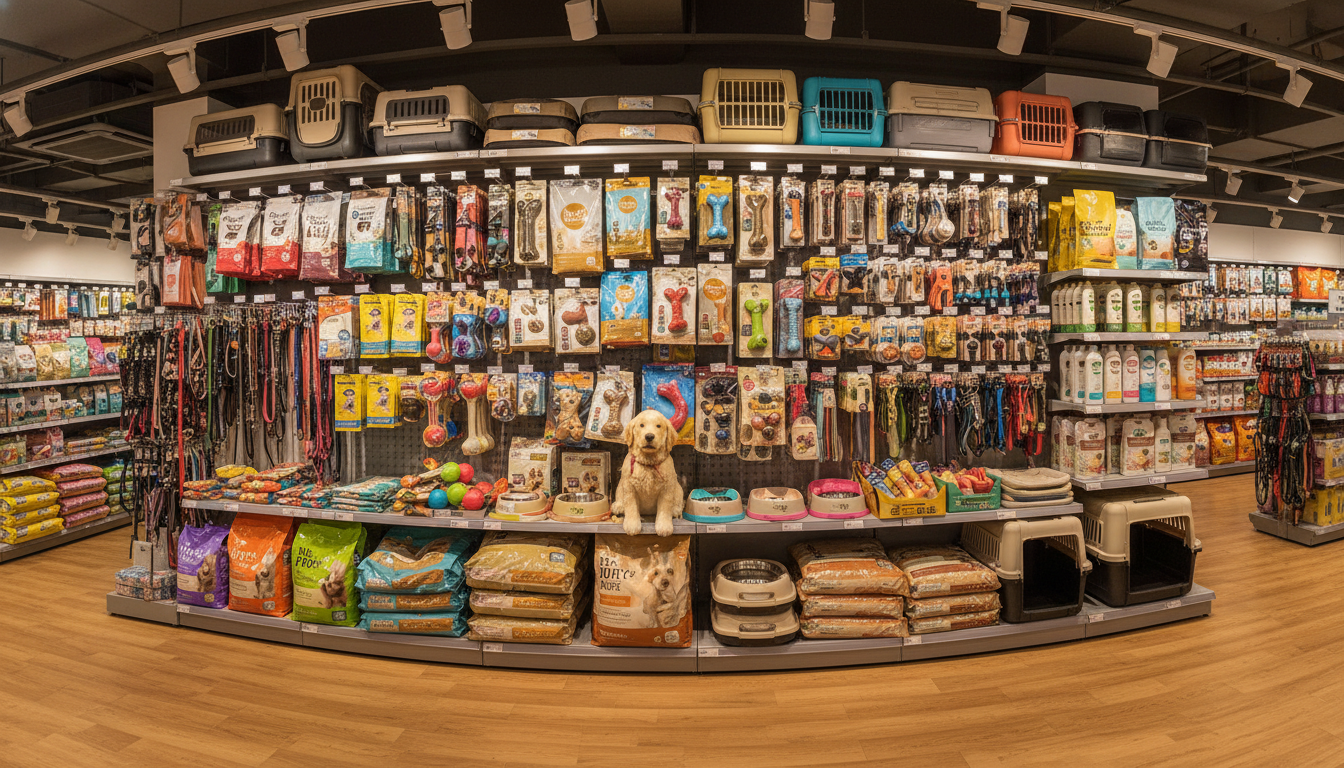 香港寵物用品店的金毛犬飼養用品展示