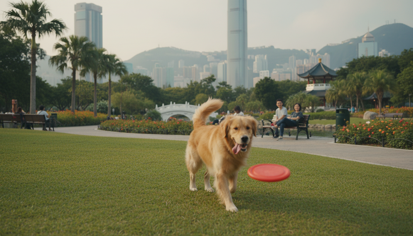 一隻快樂的金毛尋回犬在香港的公園中玩耍