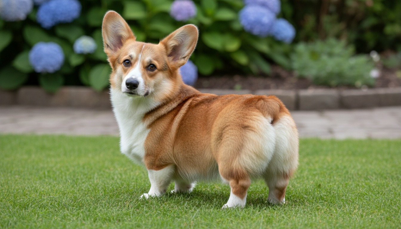 柯基犬的典型外觀特徵展示，包括短腿、長身體、直立的耳朵和圓潤的臀部