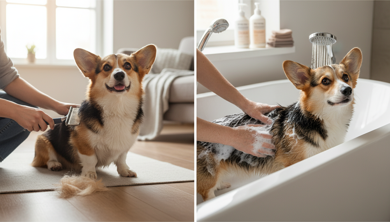 為柯基犬進行日常護理的正確方法，包括梳毛和洗澡