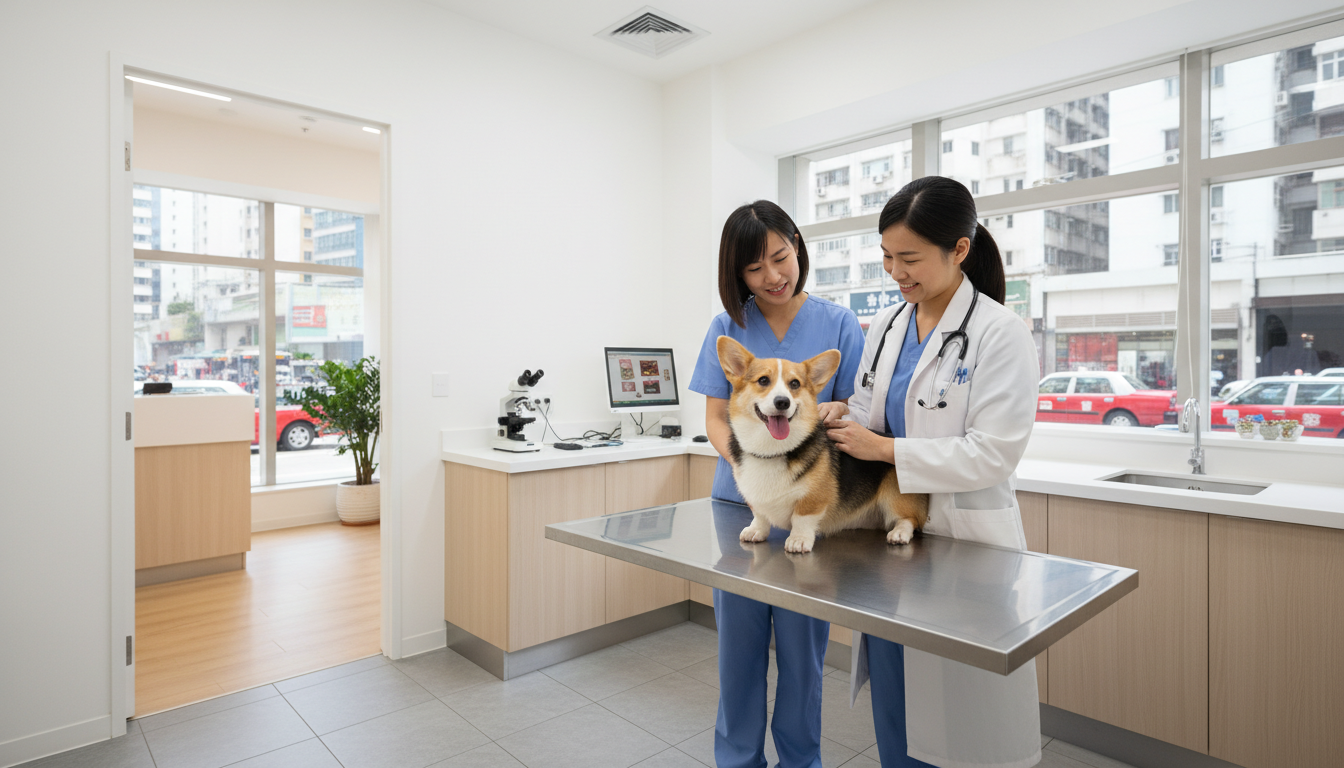 香港獸醫診所進行柯基犬健康檢查的場景