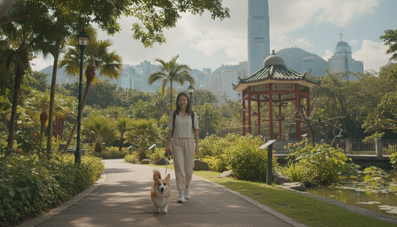快樂健康的柯基犬與主人在香港公園散步