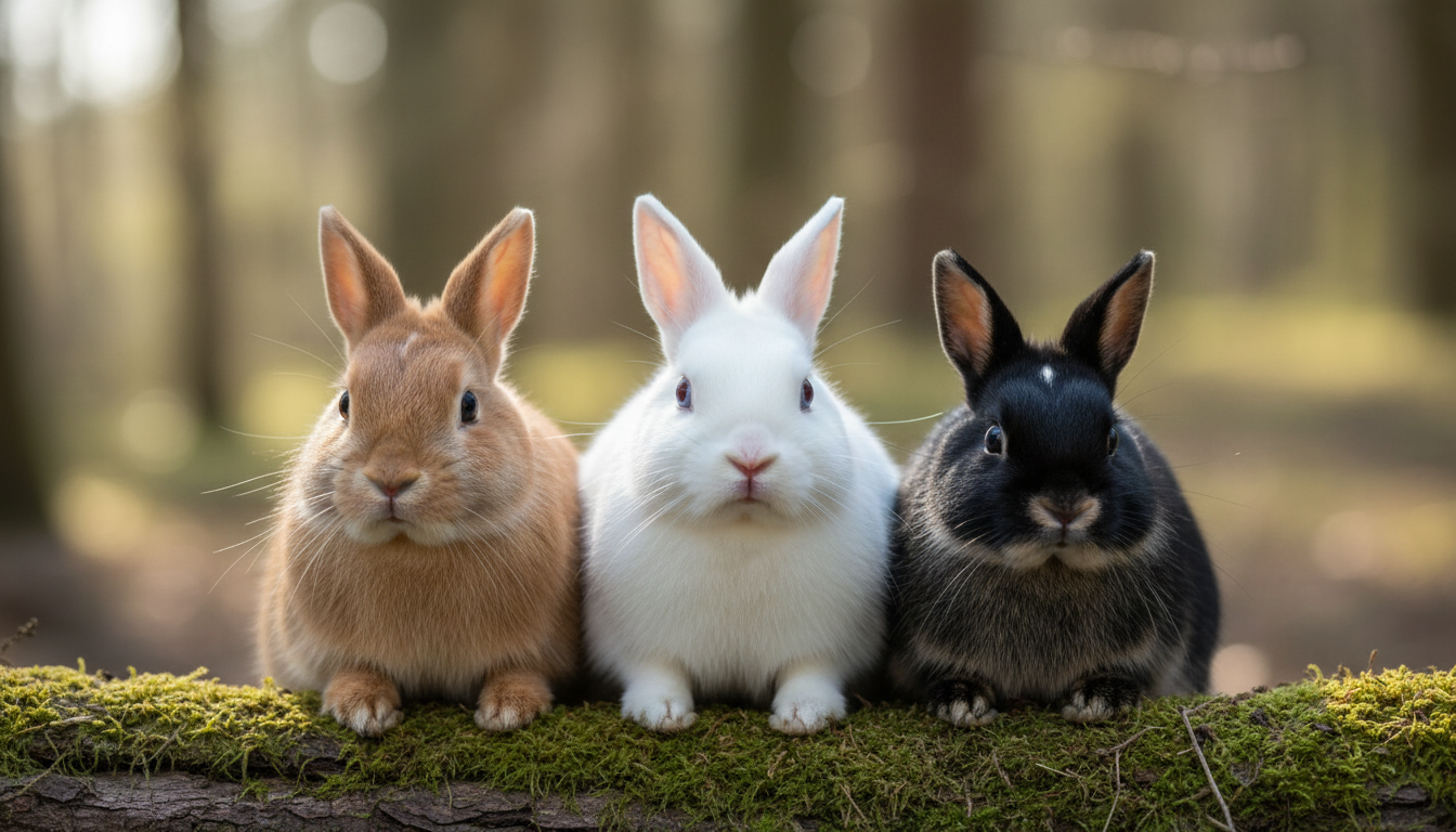 荷蘭侏儒兔的典型外觀特徵展示，包括其圓臉、短耳和多樣毛色