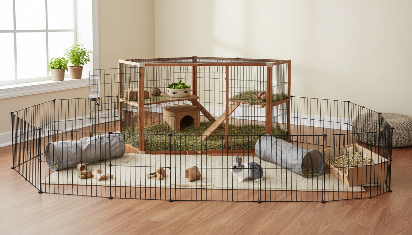 適合荷蘭侏儒兔的理想家居環境設置，包括寬敞的籠子和安全的活動區
