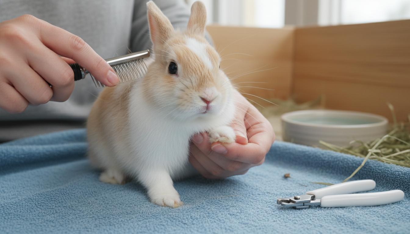 為荷蘭侏儒兔進行日常護理的正確方法，包括梳毛和剪指甲