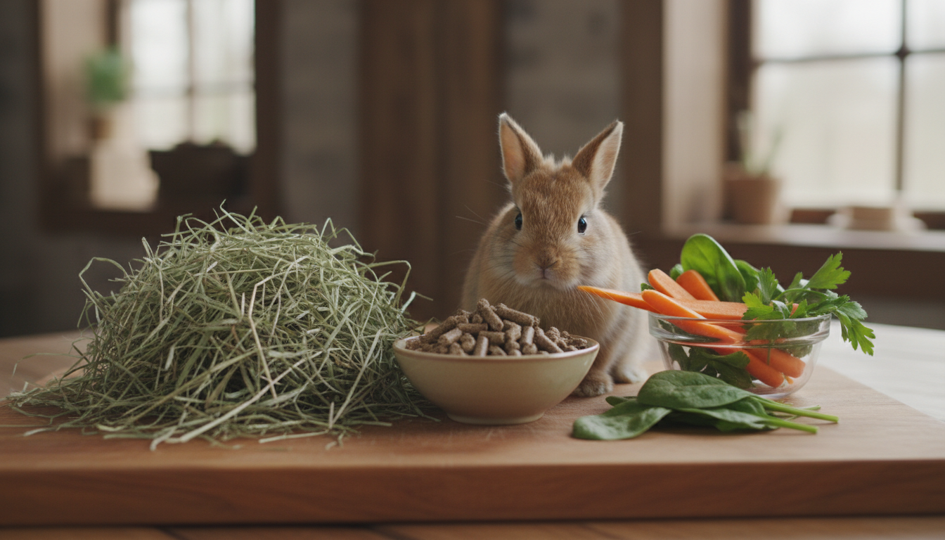 荷蘭侏儒兔的均衡飲食組合，包括牧草、兔糧和新鮮蔬菜