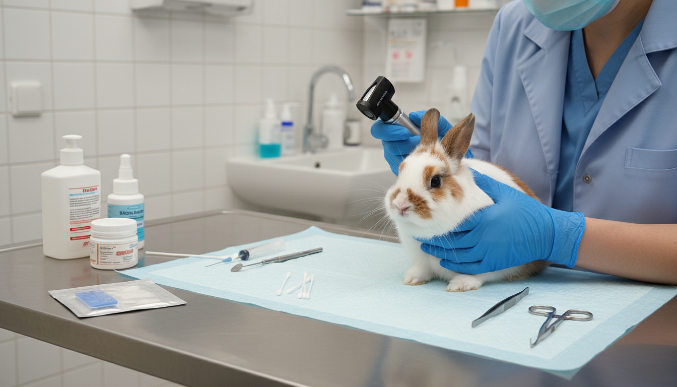 獸醫正在為荷蘭侏儒兔進行健康檢查，展示專業的疾病預防措施