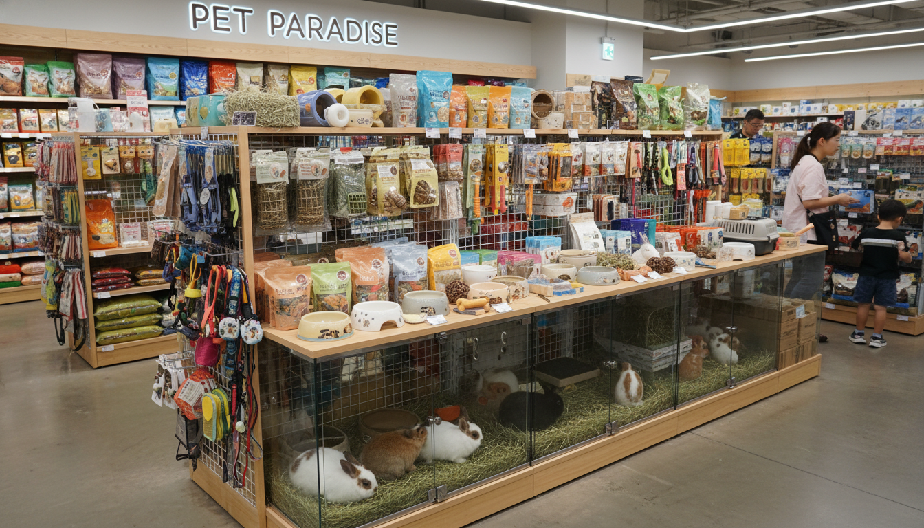 香港寵物用品店展示荷蘭侏儒兔的各類飼養用品
