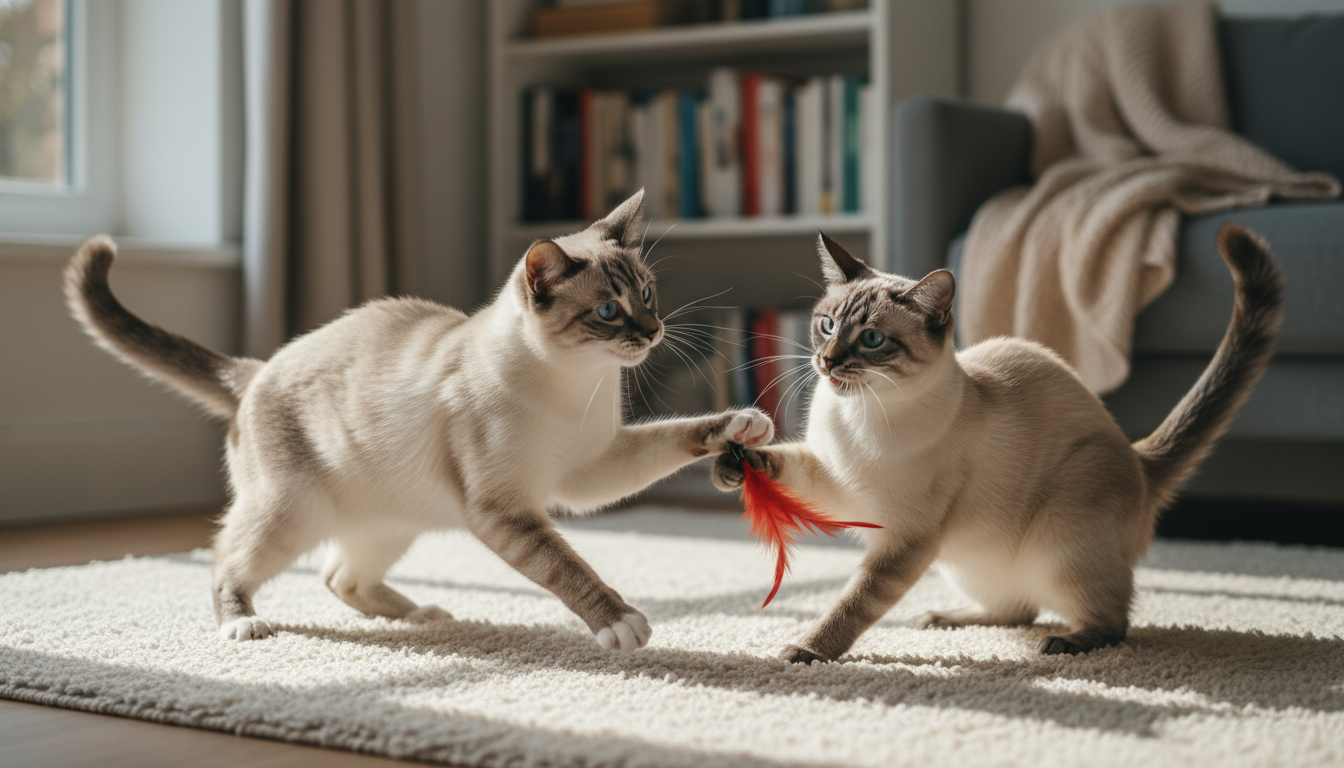 兩隻暹羅貓正在玩耍，展示其活潑好動的性格