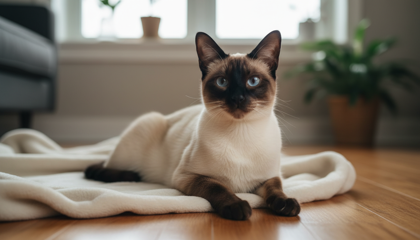 暹羅貓的典型外觀特徵展示，包括修長身形、重點色被毛和藍色眼睛