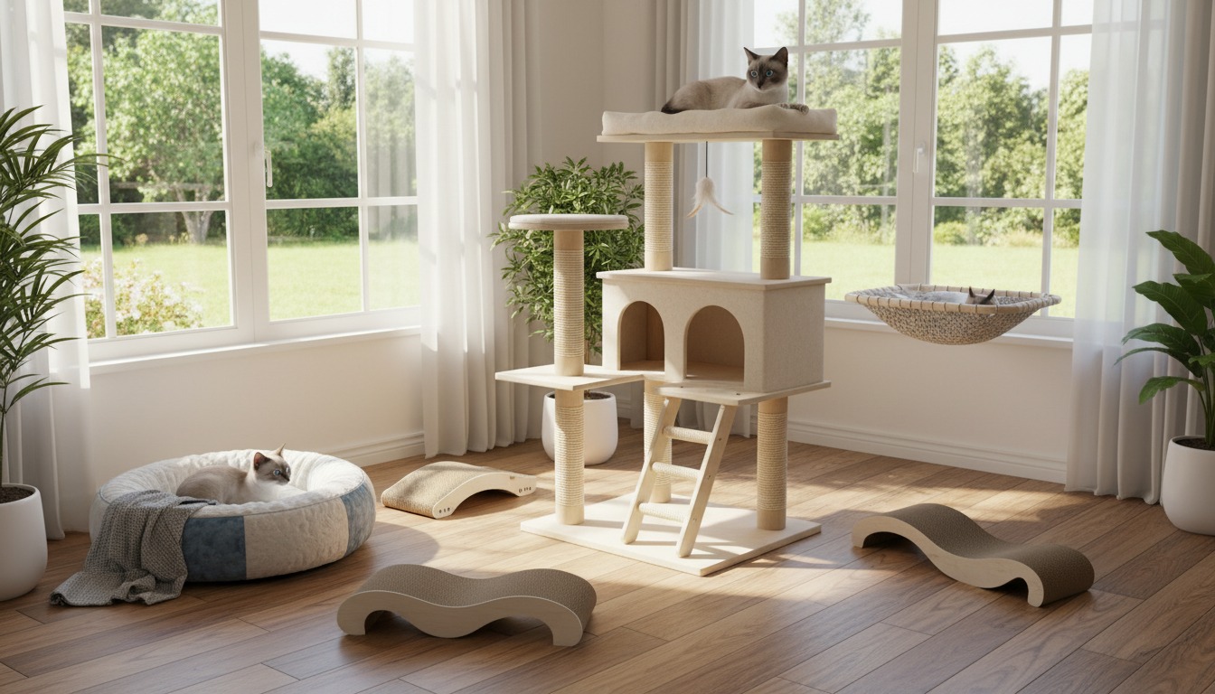 適合暹羅貓的理想家居環境設置，包括貓爬架、貓抓板和舒適的貓窩