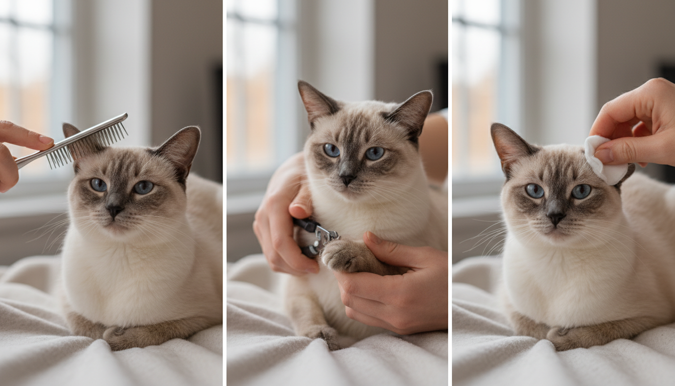 為暹羅貓進行日常護理的正確方法，包括梳毛、剪指甲和清潔耳朵
