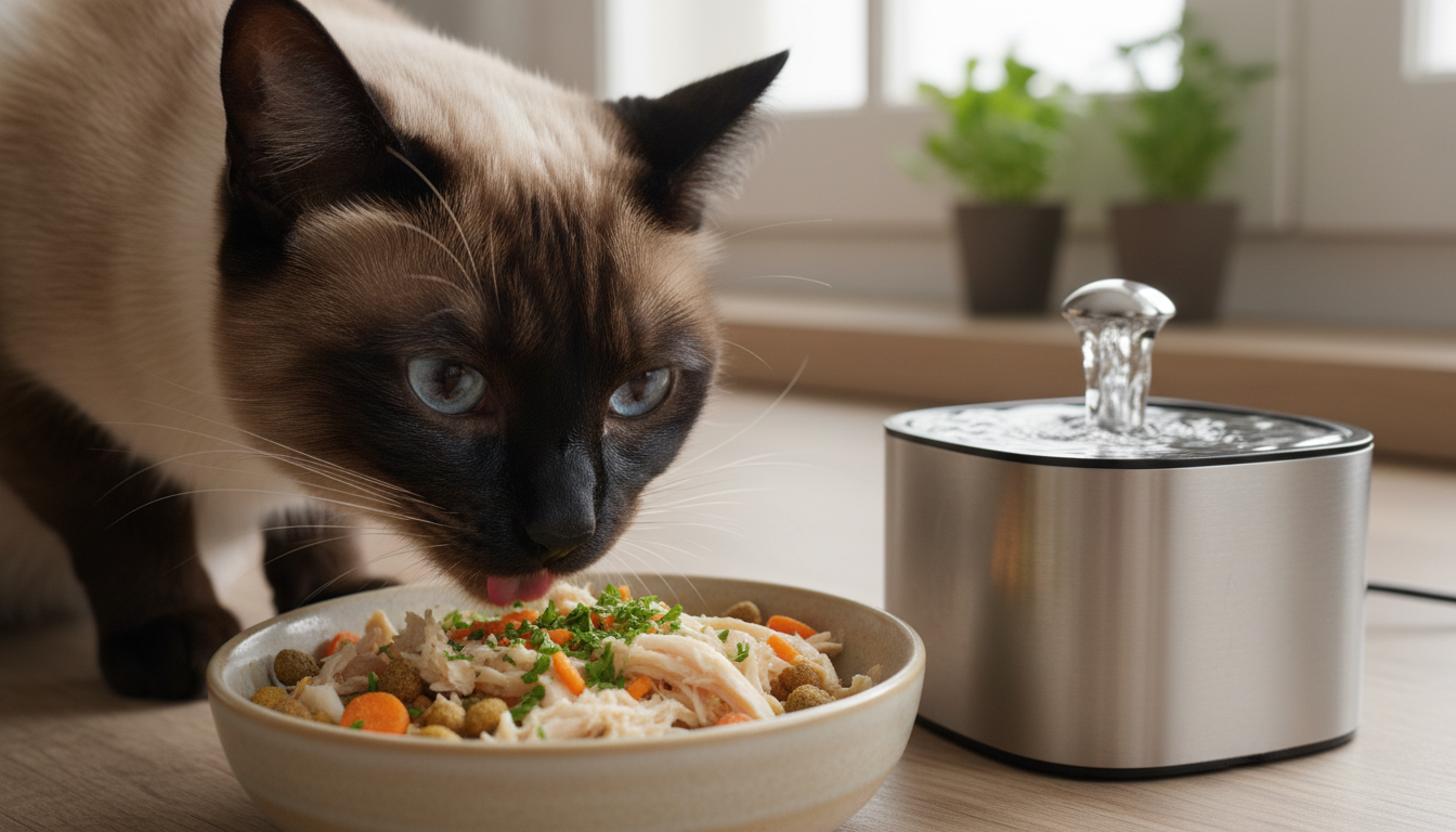 暹羅貓正在享用其均衡營養的食物，旁邊有飲水機