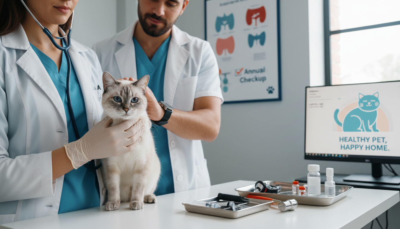 獸醫正在為暹羅貓進行健康檢查，強調定期體檢的重要性