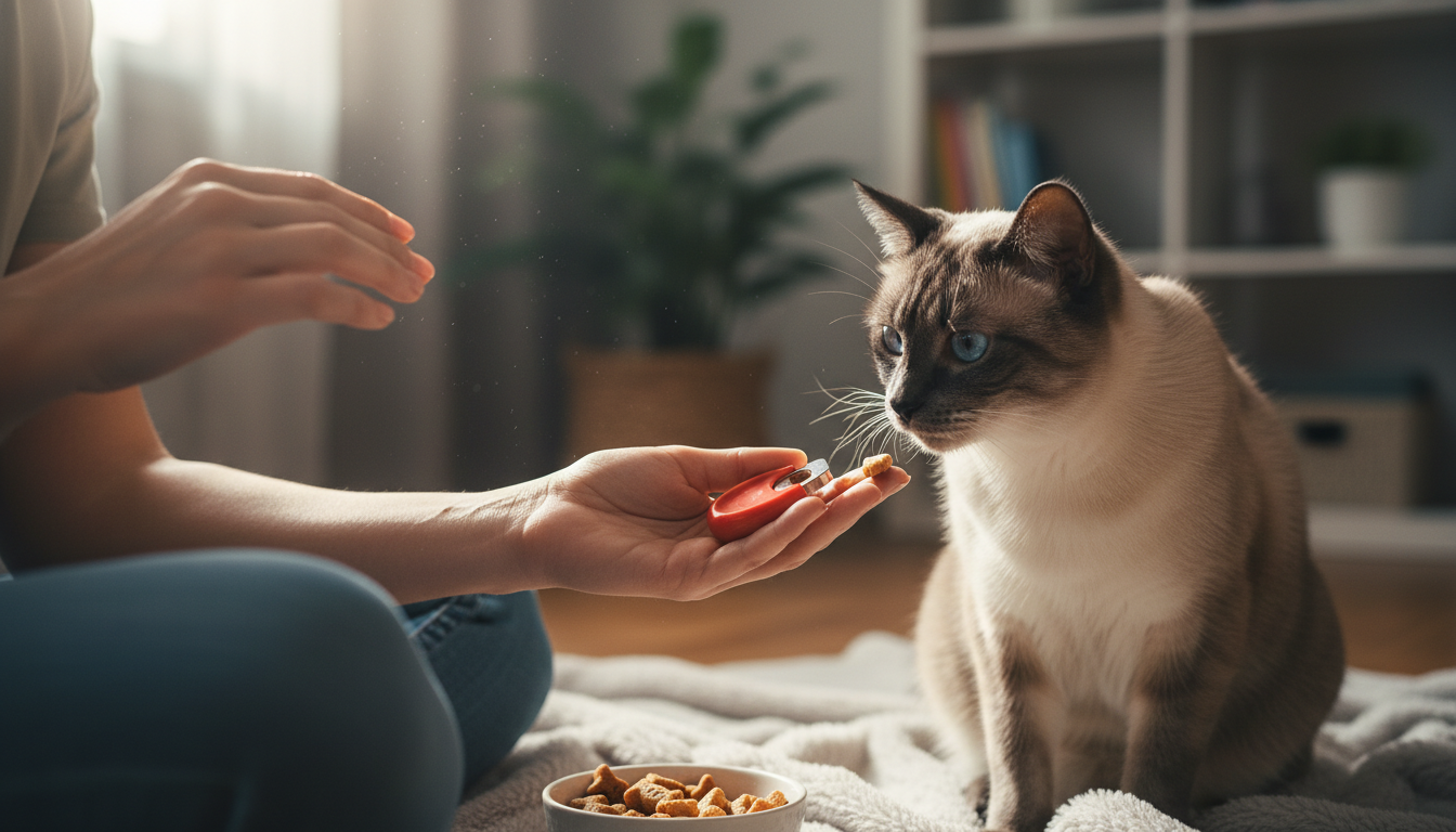 飼主正在使用響片訓練暹羅貓學習指令