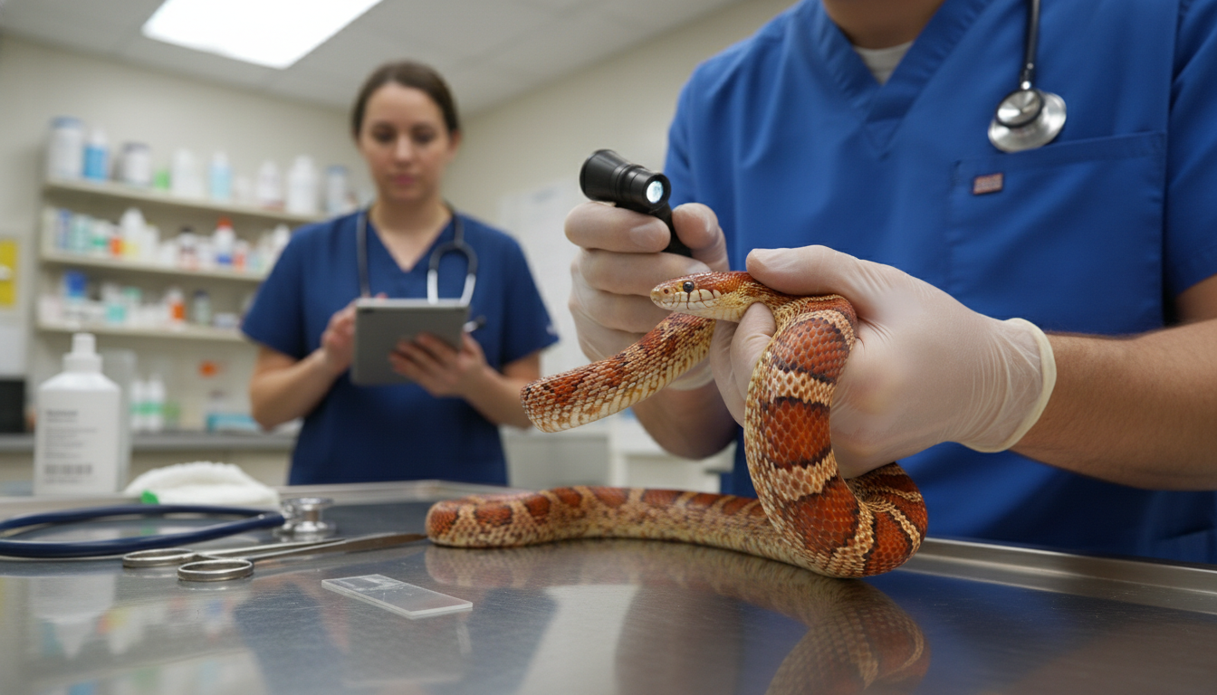 獸醫檢查奧基蒂玉米蛇的健康狀況