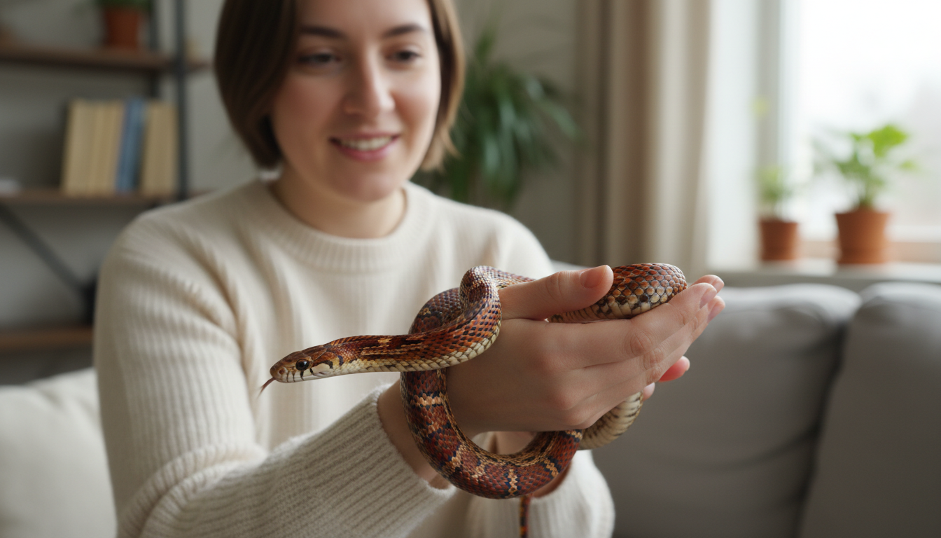一位飼主與健康的奧基蒂玉米蛇溫馨互動