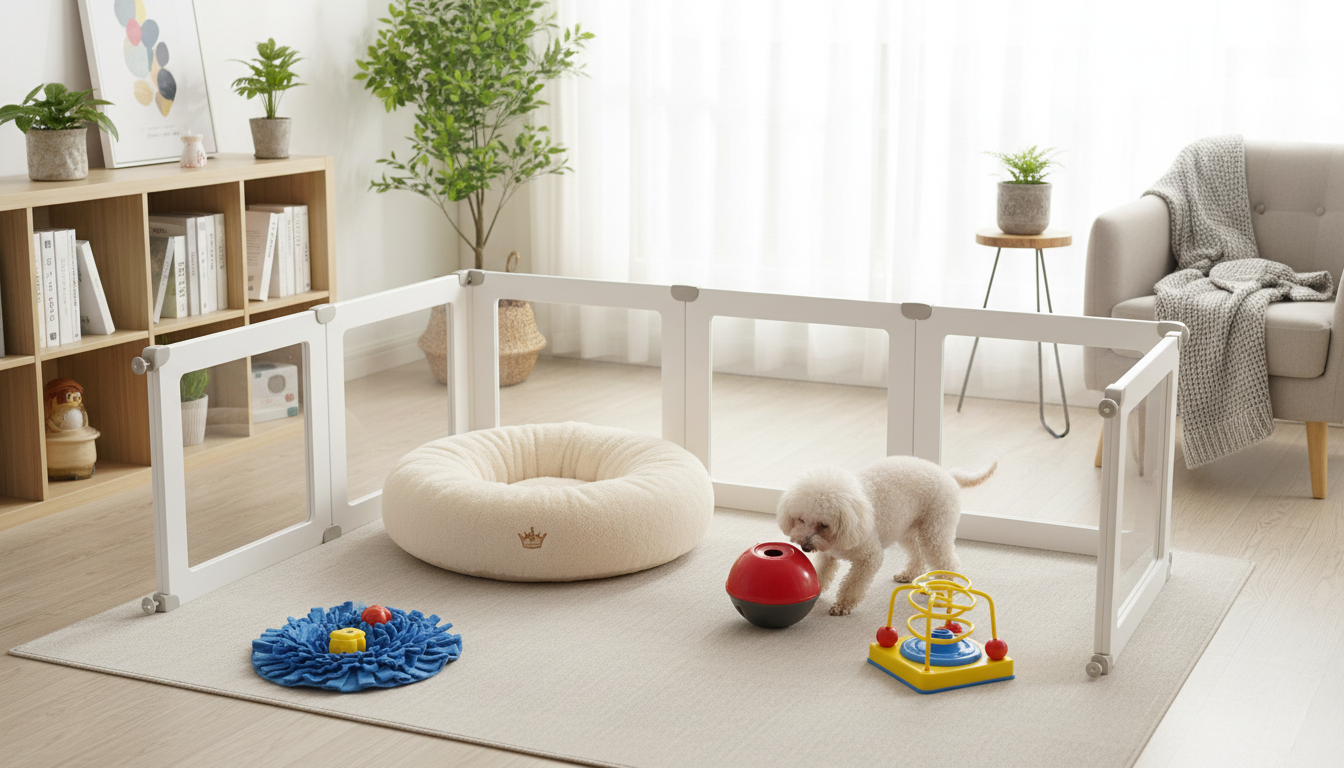 適合貴賓犬的理想家居環境設置，包括舒適的狗窩、安全圍欄和益智玩具