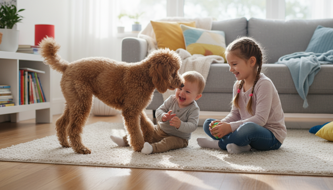 貴賓犬與孩子互動的溫馨場景，展現其友善的性格