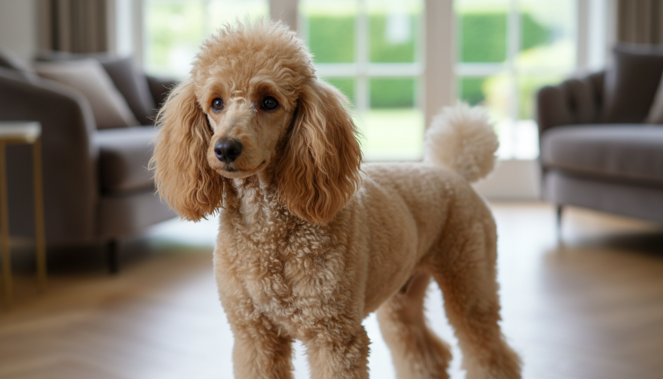 貴賓犬的典型外觀特徵展示，包括捲毛、眼睛和耳朵