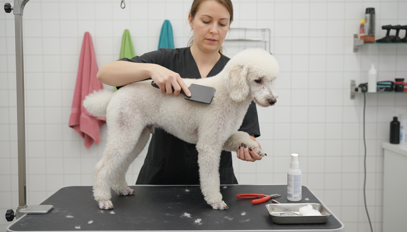 為貴賓犬進行日常護理的正確方法，包括梳毛、剪指甲和清潔耳朵