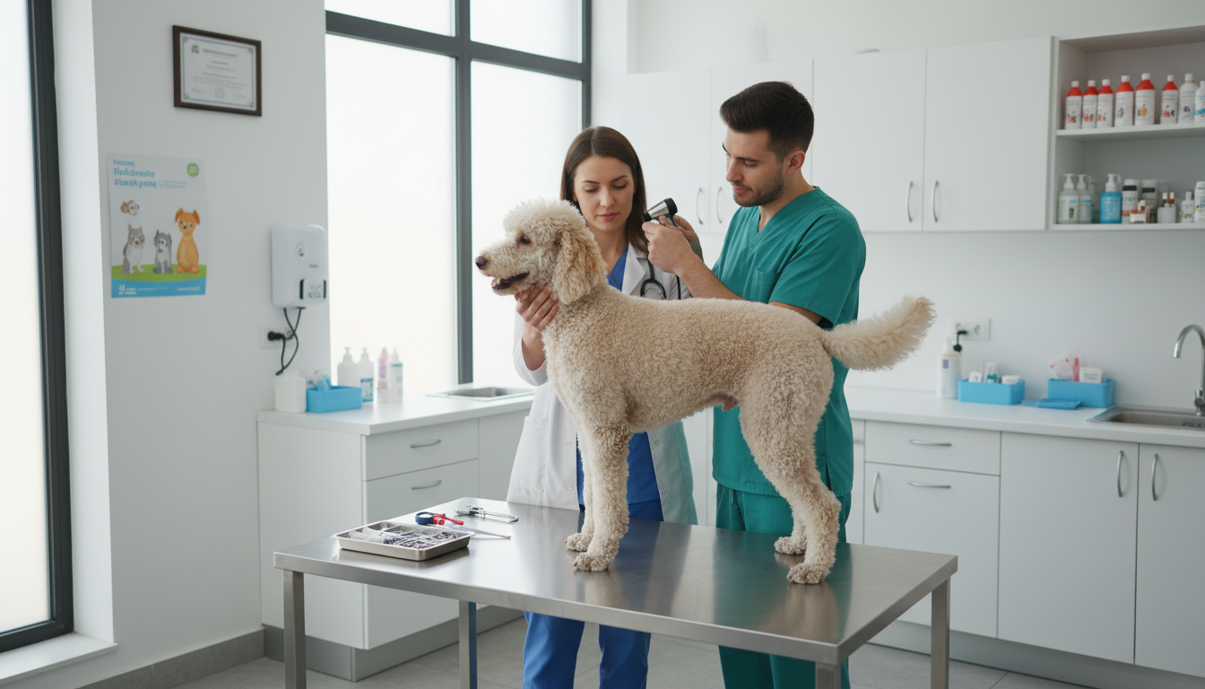 貴賓犬在獸醫診所進行健康檢查的場景