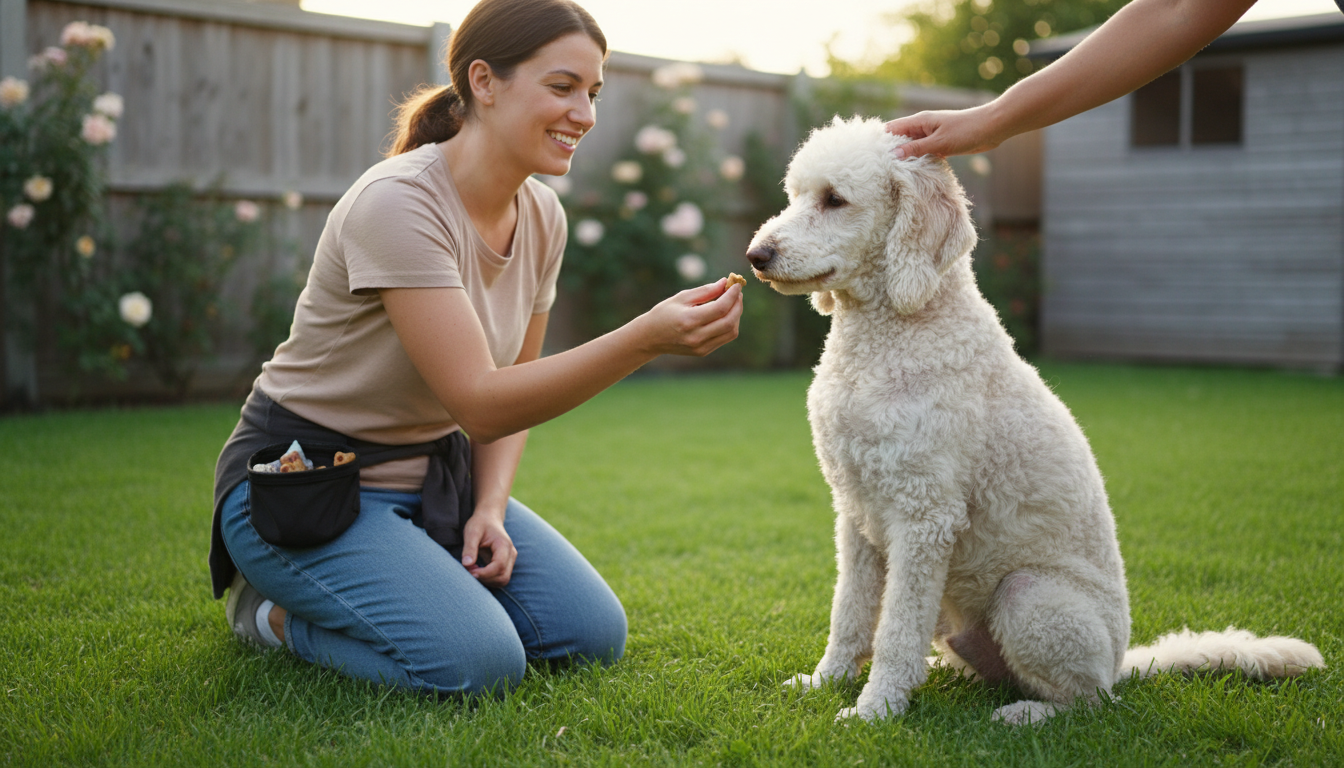 貴賓犬正在進行「坐下」指令訓練，主人給予零食獎勵