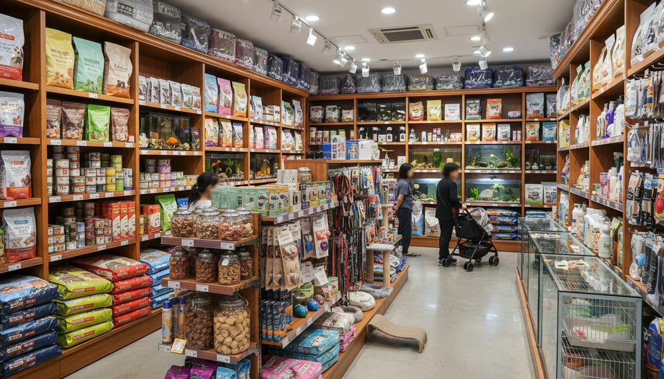 香港寵物店內展示的各種寵物用品和食品