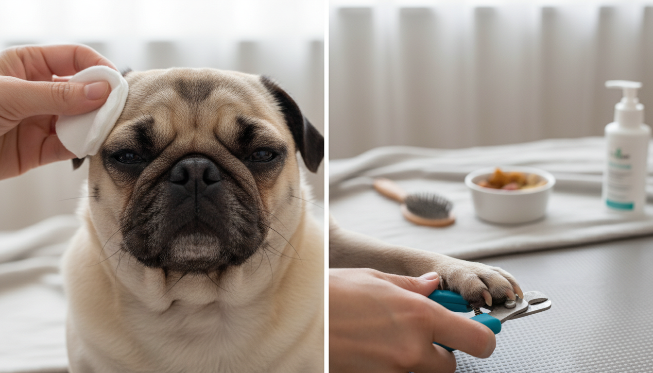 為巴哥犬進行日常護理的正確方法，包括皺紋清潔和指甲修剪