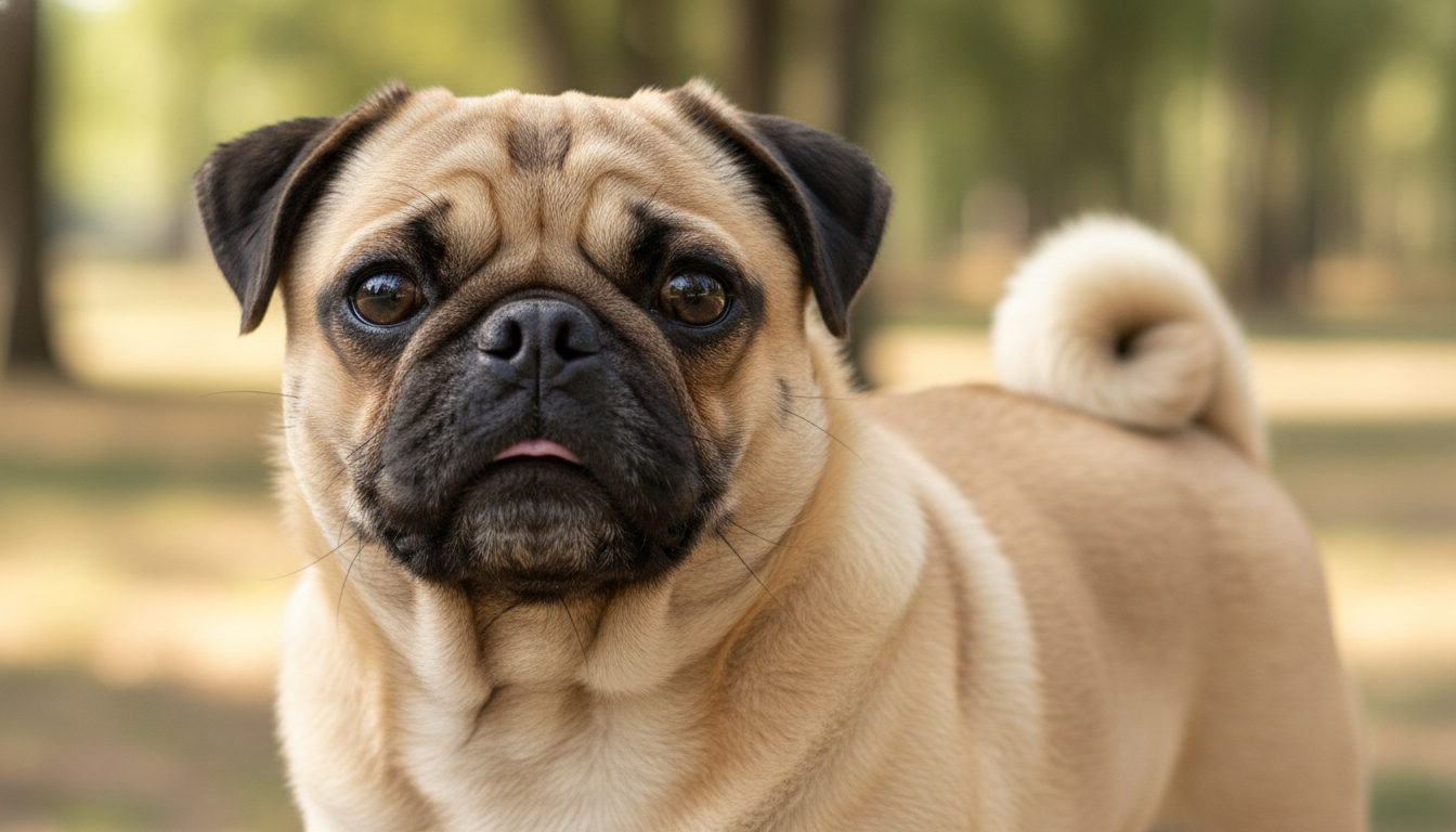 巴哥犬的典型外觀特徵展示，包括皺紋臉和捲曲尾巴